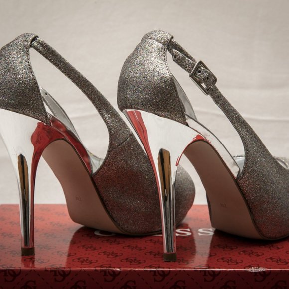 Guess Glitter Mulit-Color Sparkle Peep Toe Heels - Picture 4 of 6